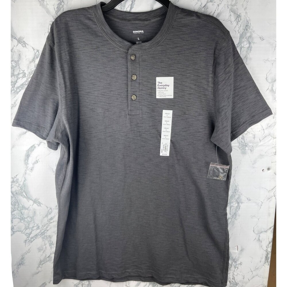 Sonoma Mens Size L Gray Short Sleeve Henley Shirt 100% Cotton Stretch Fabric